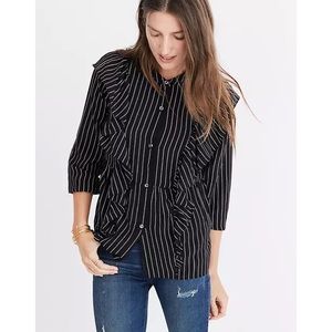 Madewell Black White Stripe Silk Ruffle Front Top
